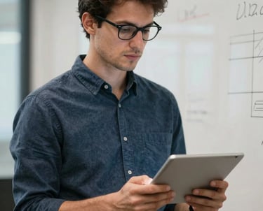 Portrait of a focused male project manager in a tech setting, holding a tablet and standing near a whiteboard.