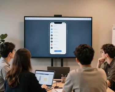 A photography of a group of young professionals in a Kyiv co-working space, looking at a large screen with a mobile app mockup. Warm, modern light.