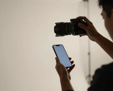 A photographer working in a minimalist studio with high ceilings, capturing product shots of a smartphone.