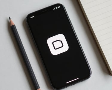 Top-down shot of a smartphone next to a digital pencil and a notepad on a clean desk, showing a minimalist app icon.