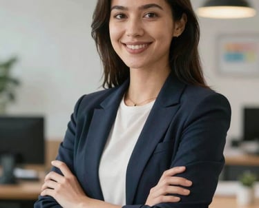 Portrait of a young professional woman in a creative workspace, smiling confidently, representing the strategist role.