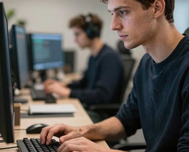 A male programmer in an Eastern European startup environment, typing on a mechanical keyboard with a concentrated expression.
