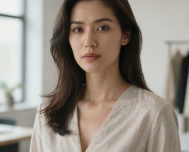A portrait of a female designer in a modern studio, with minimalist decor and bright light, looking professionally at the camera.