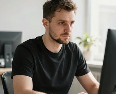 A portrait of a male developer in a black t-shirt, working in a sunlit Ukrainian office, looking focused. Clean composition.