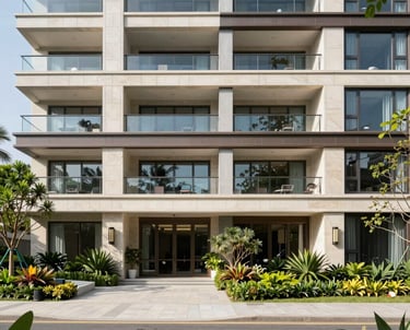 Modern luxury apartment building facade with stone exterior, spacious balconies, and lush tropical landscaping.