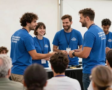 A group of cheerful volunteers in matching steel blue shirts helping at a community concert. They are interacting with a diverse group of attendees in a bright, pale off-white outdoor setting.