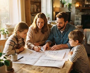 Warm, sunlit family in a cozy home interior, hands reviewing floorplans on a wooden table, soft golden-hour light