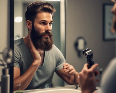 A well-groomed man adjusting his watch in a cozy, stylish room filled with grooming products and fitness gear.