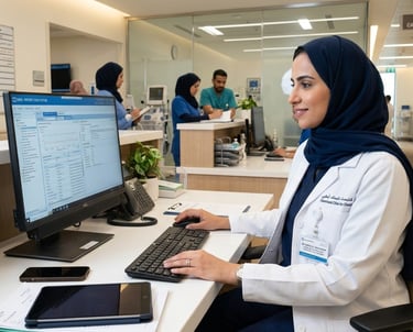 Healthcare professional using RESSA to access procedures and internal documents in Arabic and Englis