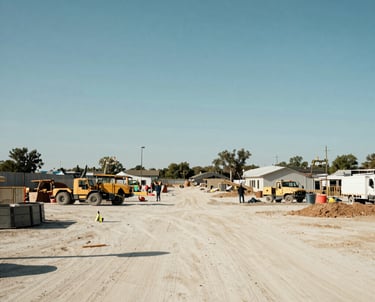 Wide-angle photography of a community infrastructure project in the US. The scene is bright and authoritative, showing the tangible results of scalable social impact. Colors lean towards off-white and medium blue tones.