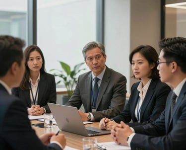 A group of professionals in a North American corporate setting, engaging in a strategic meeting about philanthropic partnerships. The mood is sophisticated and forward-thinking. Lighting is professional and warm, highlighting the foundation's authoritative presence.