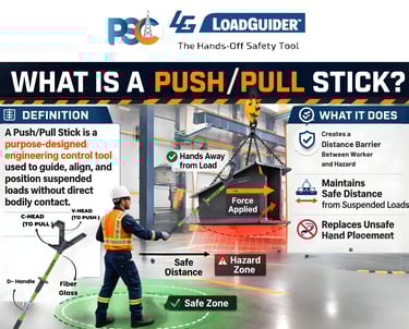 Hands-free lifting safety website design for PSC LoadGuider push pull stick with blue footer and cle