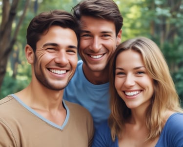 A warm, candid portrait of a smiling bride and groom, softly lit with natural light.