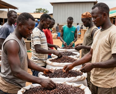 A vibrant market scene showing sacks of fresh Ugandan Robusta coffee beans ready for export.