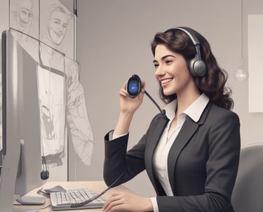 A friendly AI telemarketing agent speaking on the phone in a modern office.