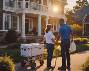 Delivery driver handing off medical equipment at a patient's home during sunset.