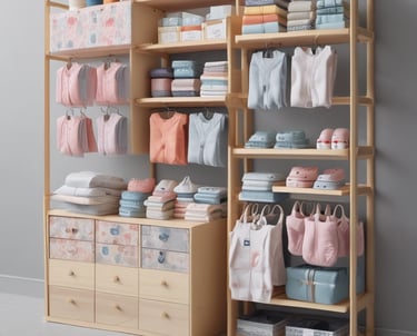 Children's colorful clothing arranged neatly with playful props