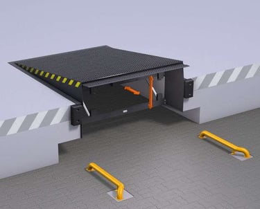 Industrial hydraulic dock leveler with safety bumpers and yellow wheel guides for warehouse loading bays.
