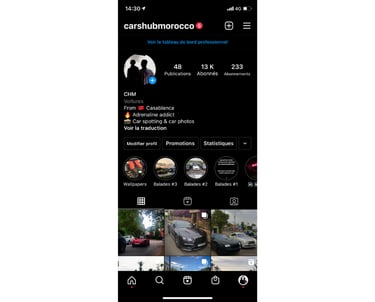 Instagram profile of carshubmorocco featuring luxury car photography and spotting in Casablanca.