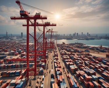 Modern office workspace with international trade documents and a laptop.