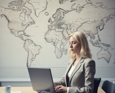 Professional consultant discussing international trade strategy with clients in a modern office.