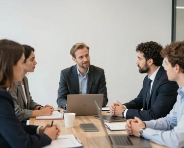 Collaborative meeting of healthcare professionals around a table with digital devices and strategy papers.