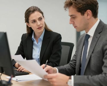 A healthcare consultant presenting charts and data to a hospital team in a bright modern office.