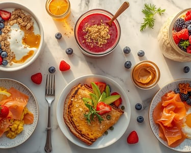 Healthy breakfast spread with smoked salmon, eggs, fruit yogurt bowls, and berry smoothies on marble.