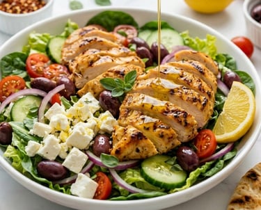 Grilled chicken Greek salad with feta cheese, olives, and cucumbers, drizzled with olive oil dressing.