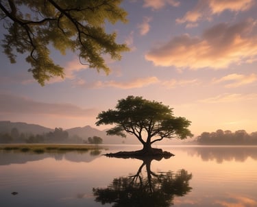 A serene sunrise over a quiet mountain, symbolizing new beginnings and spiritual awakening.