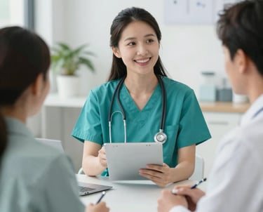 A welcoming medical professional consulting with a patient in a bright, modern clinic.