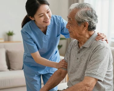 A caring medical professional consulting with a patient in a bright clinic room.