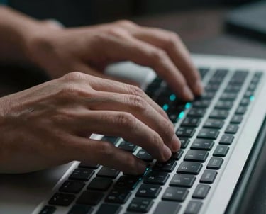Close-up of a designer's hands using a high-end keyboard. The lighting is low-key with cyan blue accents, creating a professional and technical atmosphere.