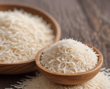 Close-up of golden Indian rice grains in a rustic wooden bowl.
