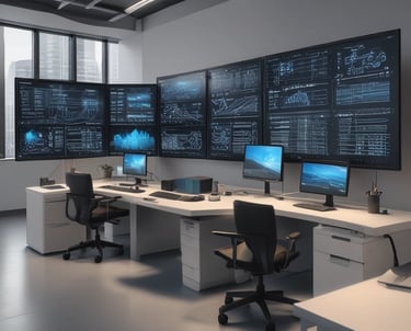 A sleek workspace with multiple monitors displaying code and network diagrams.