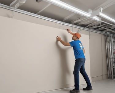 Construction workers installing drywall inside a modern home.