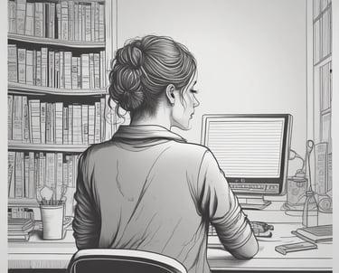 Heidi Bess sketching colorful characters in her cozy home studio filled with children's books.