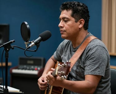 A candid shot of a Latin American musician during a recording session, beautifully lit with deep blues and soft grays. The atmosphere is artistic and professional.