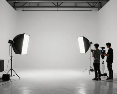A wide view of a professional soundstage with softboxes and a camera crew preparing for a commercial shoot. Minimalist, clean, and industrial-chic atmosphere.