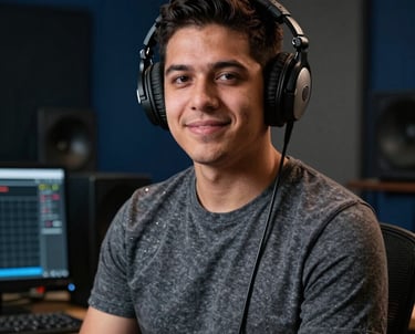 Portrait of a young male sound designer with professional headphones in a recording studio. Deep blues and charcoal grays. Professional Latin American talent.