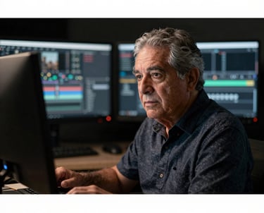 Portrait of a senior video editor in a dark studio. Soft light from the monitors illuminates their face. They are focused and professional. Latin American setting.