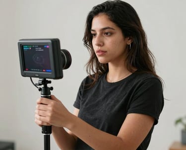 Portrait of a female cinematographer holding a portable monitor on a set. Soft light, modern minimalist style. Latin American creative professional.