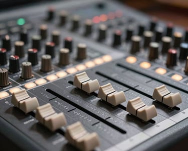 Close-up of a high-tech audio mixer with small illuminated lights in a professional studio. Depth of field focus on the faders.