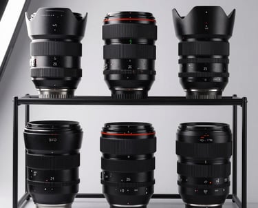 A professional camera lens rack in a modern studio. Each lens is perfectly polished, reflecting soft studio lights. Minimalist and high-tech.