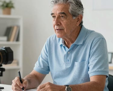 Portrait of a senior photography consultant in an airy studio. They look engaged and experienced. Light blue and white palette. Latin American setting.