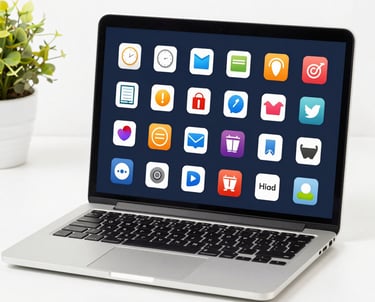 Hand touching a digital interface showing legal and financial icons for law firm services and compliance.