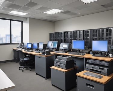 A modern, vibrant co-working space with ergonomic furniture and smart technology integrations.