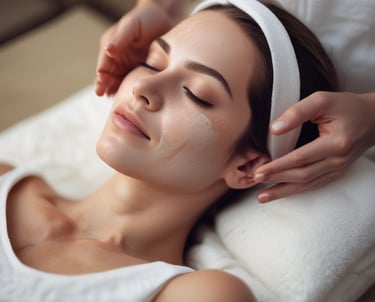 Soft pastel image of a woman receiving a gentle facial massage in a bright, elegant spa room.
