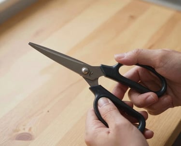 A focused shot of a person's hands carefully oiling a pair of high-quality kitchen shears, North American / US home setting, approachable and educational mood, warm natural lighting, with a clean wooden countertop backdrop.
