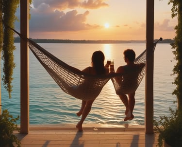 two people sitting in hammock watching the sunset by the water with drinks